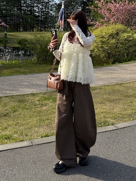 「MOUSSY（マウジー）のKEY CHAIN COMBI バッグ（ショルダーバッグ、ブラウン系）」を使った、bibi★さん（レディース・153cm）の春コーディネート