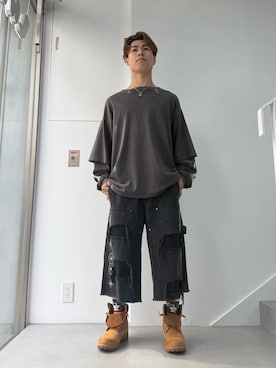 「WHITELAND（ホワイトランド）のWHITELAND/ホワイトランド/LAYER L/S T-SHIRTS（Tシャツ/カットソー、ブラック系）」を使った、itto0219さん（メンズ・174cm）の春コーディネート