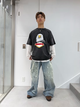 「WHITELAND（ホワイトランド）のWHITELAND/ホワイトランド/EAGLE TEE（Tシャツ/カットソー、ブラック系）」を使った、itto0219さん（メンズ・174cm）の春コーディネート