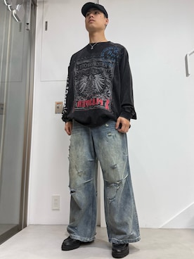 「DANKE SCHON（ダンケシェーン）のDankeSchon/ダンケシェーン/12oz BAGGY JEANS/DIRT（デニムパンツ、ブルー系）」を使った、itto0219さん（メンズ・174cm）の春コーディネート