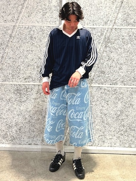 「adidas（アディダス）のアディカラー ピケ サッカー長袖Tシャツ / ロンT / アディダスオリジナルス adidas Originals（Tシャツ/カットソー、ブルー系）」を使った、SYさん（メンズ・171cm）の夏コーディネート