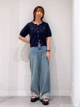 「GLOBAL WORK（グローバルワーク）のGOODデニムレースワイドパンツ/822009（デニムパンツ、ブルー系）」を使った、きゃなさん（レディース・160cm）の夏コーディネート