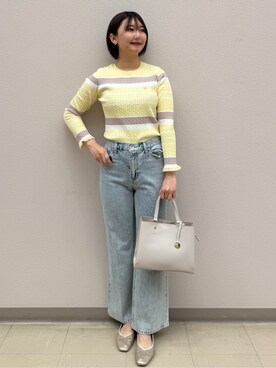 「index（インデックス）のランダムボーダーケーブルニット【洗濯機OK/抗ピル】（ニット/セーター、イエロー系）」を使った、mihaさん（レディース）の春コーディネート