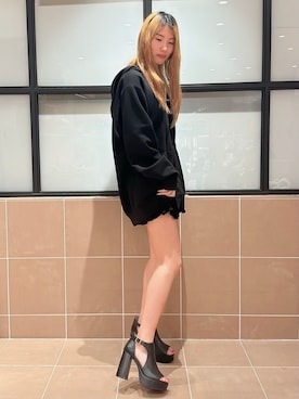 「ESPERANZA（エスペランサ）のチャンキーヒール厚底サンダル（サンダル、ブラック系）」を使った、そるちゃさん（レディース・153cm）の春コーディネート