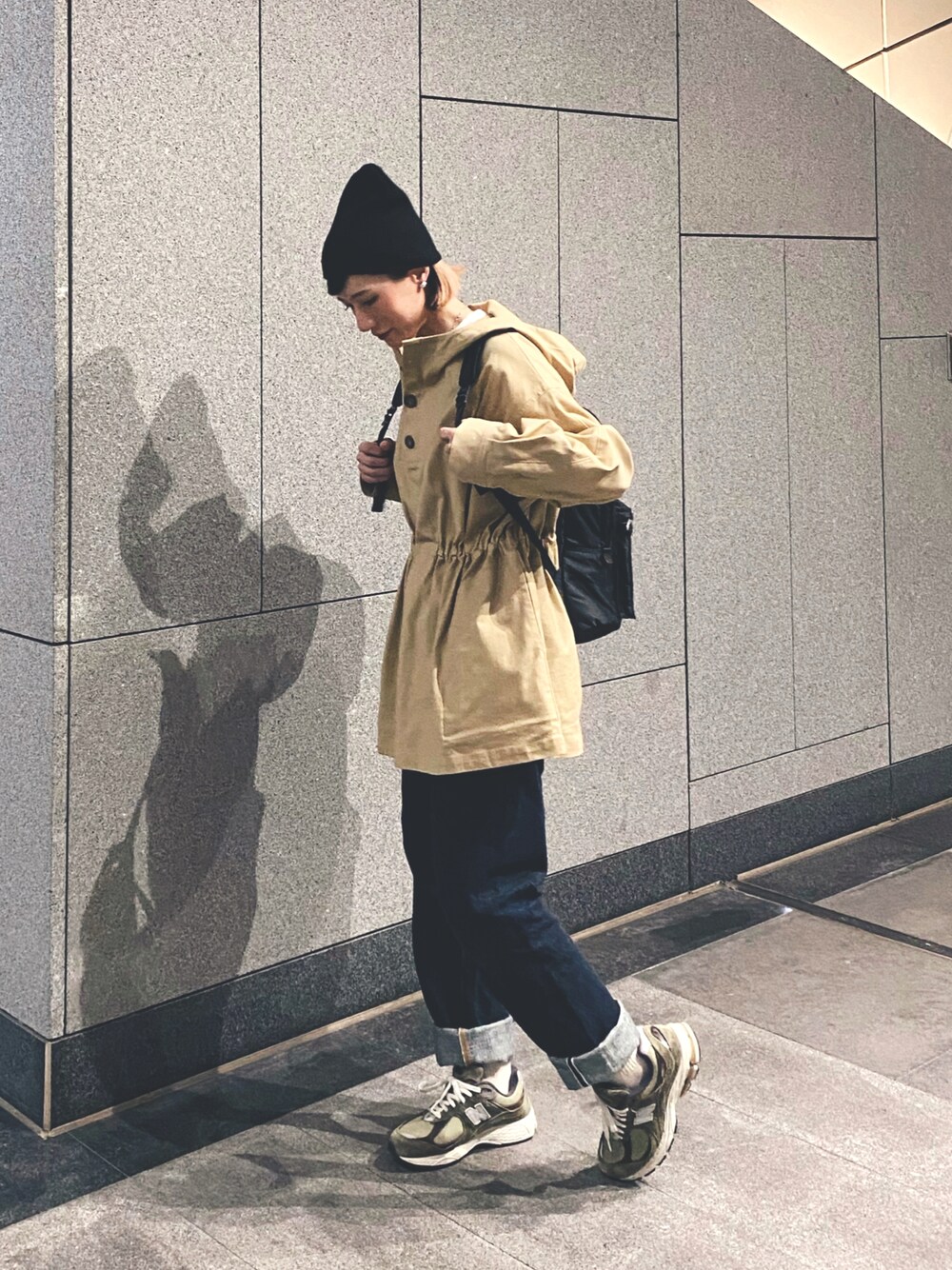 「Ungridのリブ編みニット帽（ニットキャップ/ビーニー、ブラック系）」を使った、さいさん（レディース・158cm）の春コーディネートの1枚目の写真