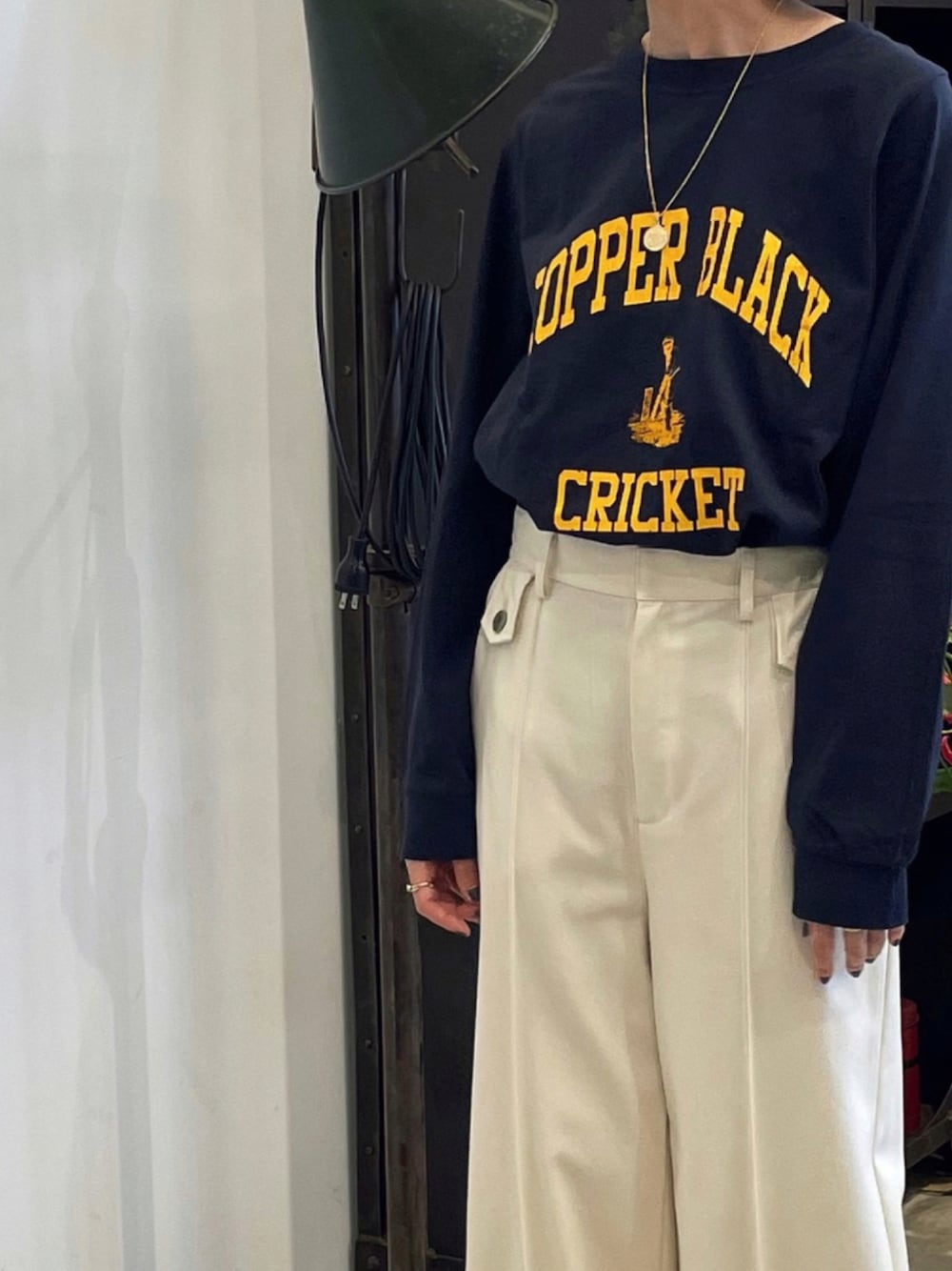 「クリケット、used、ootd、2021AW、FILDEFER、低身長コーデ、フィルデフェール、カジュアル、navy、プレッピー、アイビールック」｜「FIL DE FERのクリケットプリント　ロングスリーブTEE（Tシャツ/カットソー、ブルー系）」を使った、matsudo.さん（レディース・161cm）の夏コーディネートの1枚目の写真