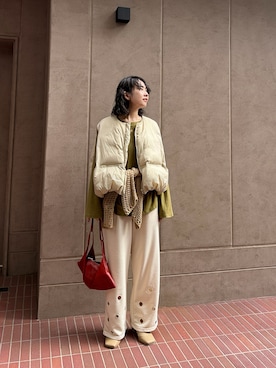 「アイテム（ダウンベスト）」を使った、maccoさん（レディース・162cm）の冬コーディネート