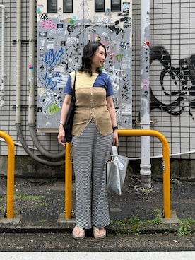 「PAGEBOY（ページボーイ）のPAGEBOYLIM/パッチワークプル（Tシャツ/カットソー、イエロー系）」を使った、maccoさん（レディース・162cm）の夏コーディネート