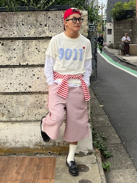 「common gull products.（コモンガルプロダクツ）の青虫ボーダーT（T Shirts、レッド系）」を使った、reijiro さん（メンズ・165cm）の春コーディネート
