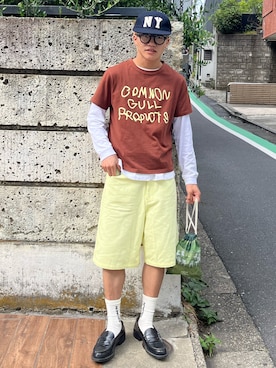 「common gull products.（コモンガルプロダクツ）のcommon gull products. tee 26spring（T Shirts、ブラウン系）」を使った、reijiro さん（メンズ・165cm）の春コーディネート