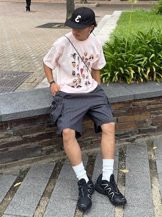 「BROKEN BASE（ブロークンベース）のリップストップナイロンハーフパンツ（その他パンツ）」を使った、reijiro さん（メンズ・165cm）の夏コーディネート