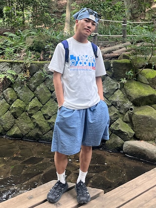 「BROKEN BASE（ブロークンベース）のチェックセットアップパジャマショーツ（その他パンツ）」を使った、reijiro さん（メンズ・165cm）の夏コーディネート