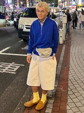 「soerte（ソエルテ）のHeavy Weight Nuance Half Zip Sweatshirt / ヘビーウェイトニュアンスハーフジップスウェット（スウェット、ブルー系）」を使った、reijiro さん（メンズ・165cm）の秋コーディネート