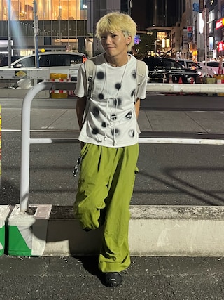 「seyto(セイト)のGradation lame dot print graphic tee / グラデーションラメドットプリントグラフィックTシャツ(Tシャツ/カットソー)」を使った、reijiro さん(メンズ・165cm)の秋コーディネート