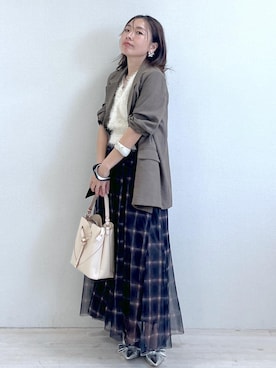 「アイテム（テーラードジャケット、グリーン系）」を使った、yukaさん（レディース・152cm）の夏コーディネート