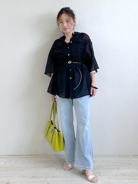 「VIS（ビス）の10ｍｍ巾変形メタルバックルピンレスベルト（ベルト、ブラック系）」を使った、yukaさん（レディース・152cm）の春コーディネート