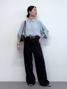 「BABYLONE（バビロン）のバックルベルト（ネックレス、ブラック系）」を使った、shimomuさん（レディース）の春コーディネート