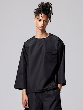 「TAION（タイオン）の【TAION(タイオン)】〈ユニセックス〉ノンダウン ミリタリー 七分袖 カットソー（Tシャツ/カットソー、ブラック系）」を使った、TAION OFFICIALさん（メンズ・181cm）の春コーディネート