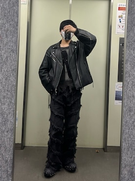 「アイテム（ライダースジャケット）」を使った、　r(いいね、保存ありがとうございます)さん（メンズ・171cm・20代）の冬コーディネート