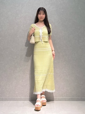 「MERCURYDUO（マーキュリーデュオ）のクロシェ風ニットセットアップ（ワンピース、グリーン系）」を使った、NANAさん（レディース・155cm）の夏コーディネート