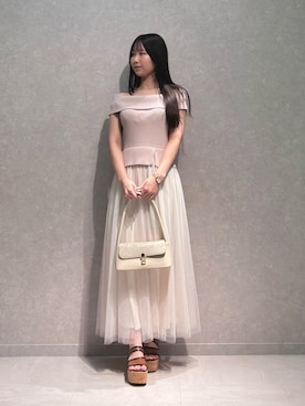 「MERCURYDUO（マーキュリーデュオ）のスエードハンドバッグ（ハンドバッグ、ホワイト系）」を使った、NANAさん（レディース・155cm）の夏コーディネート