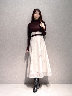 「MERCURYDUO（マーキュリーデュオ）のフラワードッキングワンピース（ワンピース、ブラウン系）」を使った、nanaさん（レディース・155cm）の秋コーディネート