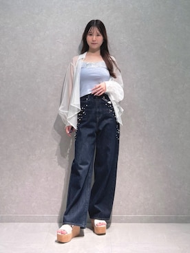 「MERCURYDUO（マーキュリーデュオ）のクリアベルトウェッジサンダル（サンダル、ホワイト系）」を使った、NANAさん（レディース・155cm）の夏コーディネート