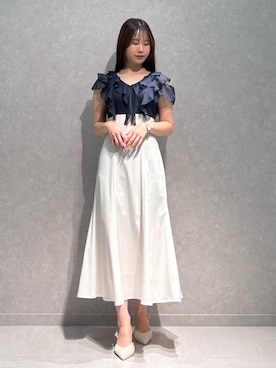 「MERCURYDUO（マーキュリーデュオ）の2WAYラッフルブラウスドッキングワンピース（ワンピース、ブルー系）」を使った、NANAさん（レディース・155cm）の春コーディネート