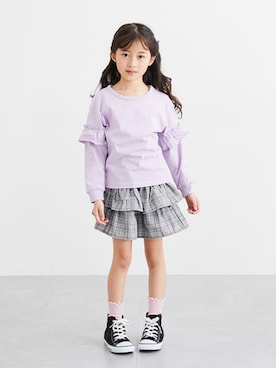 「nissen（ニッセン）の選べる♪デザインTシャツ（女の子）（Tシャツ/カットソー、パープル系）」を使った、nissen Kids Modelsさん（キッズ・120cm）の春コーディネート