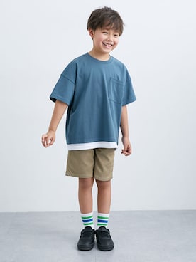 「QUNTSTYLE（キュントスタイル）のストレッチツイル総ゴムハーフパンツ（男の子・女の子）（その他パンツ、ベージュ系）」を使った、nissen Kids Modelsさん（キッズ・121cm）の春コーディネート