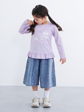 「QUNTSTYLE（キュントスタイル）の選べる♪デザインプリント長袖Tシャツ（Tシャツ/カットソー、パープル系）」を使った、nissen Kids Modelsさん（キッズ・120cm）の春コーディネート