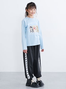 「QUNTSTYLE（キュントスタイル）のビッグシルエット　長袖プリントTシャツ（Tシャツ/カットソー、ブルー系）」を使った、nissen Kids Modelsさん（キッズ・120cm）の春コーディネート