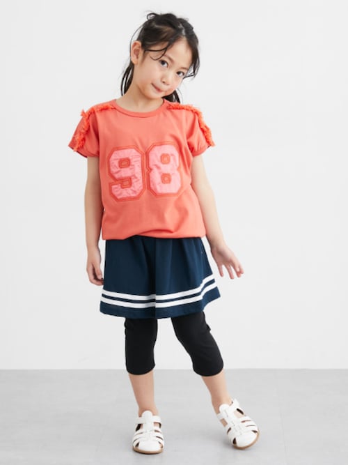 肩フリンジ使いサテンナンバーアップリケTシャツ（女の子）（T
