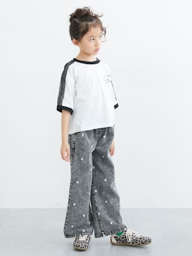 「nissen（ニッセン）の袖レースラインリンガー半袖プリントTシャツ（女の子）（Tシャツ/カットソー、ホワイト系）」を使った、nissen Kids Modelsさん（キッズ・120cm）の夏コーディネート