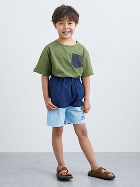 「QUNTSTYLE（キュントスタイル）の【水陸両用】配色ポケット付き半袖Tシャツ（Tシャツ/カットソー、グリーン系）」を使った、nissen Kids Modelsさん（キッズ・121cm）の春コーディネート