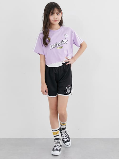 しなこ　Tシャツ　べビタピ　新品未使用　120　グミキュンプリンセス　パープル セール】ショート丈重ね着風プリントTシャツ（女の子）（T