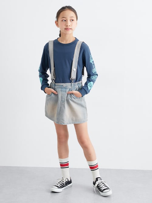 サスペンダー付き デニム パンツインスカート（デニムスカート