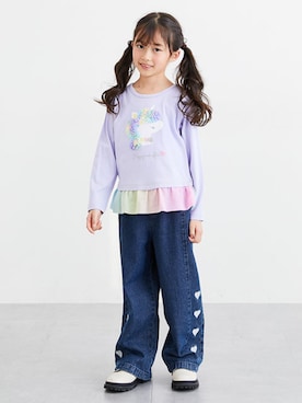 「QUNTSTYLE（キュントスタイル）のユニコーン裾シフォン長袖プリントTシャツ（Tシャツ/カットソー、パープル系）」を使った、nissen Kids Modelsさん（キッズ・120cm）の春コーディネート