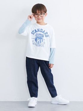 「QUNTSTYLE（キュントスタイル）のウエストゴム　シェフパンツ（その他パンツ、ブルー系）」を使った、nissen Kids Modelsさん（キッズ・120cm）の春コーディネート