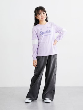 「QUNTSTYLE（キュントスタイル）の袖切替長袖Tシャツ（Tシャツ/カットソー、パープル系）」を使った、nissen Kids Modelsさん（キッズ・120cm）の春コーディネート