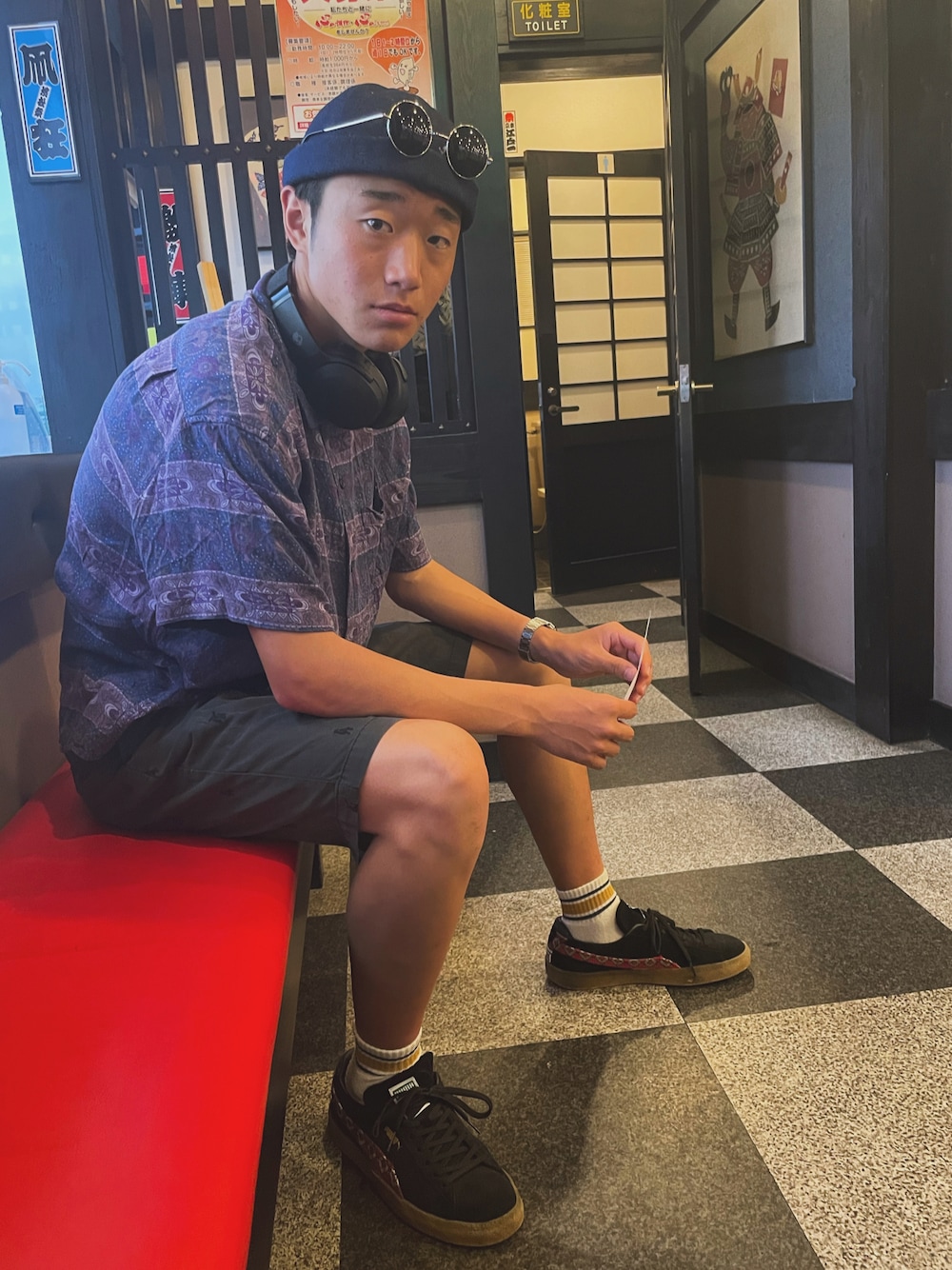「さらっと晴れやかスナップ、夏コーデ、半袖短パン、パープル」｜「flavaのアイテム（キャップ、ブルー系）」を使った、kaikaicode3150さん（メンズ・175cm）の夏コーディネートの1枚目の写真