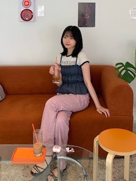 「アイテム（パンツ、パープル系）」を使った、okponさん（レディース・158cm）の夏コーディネート