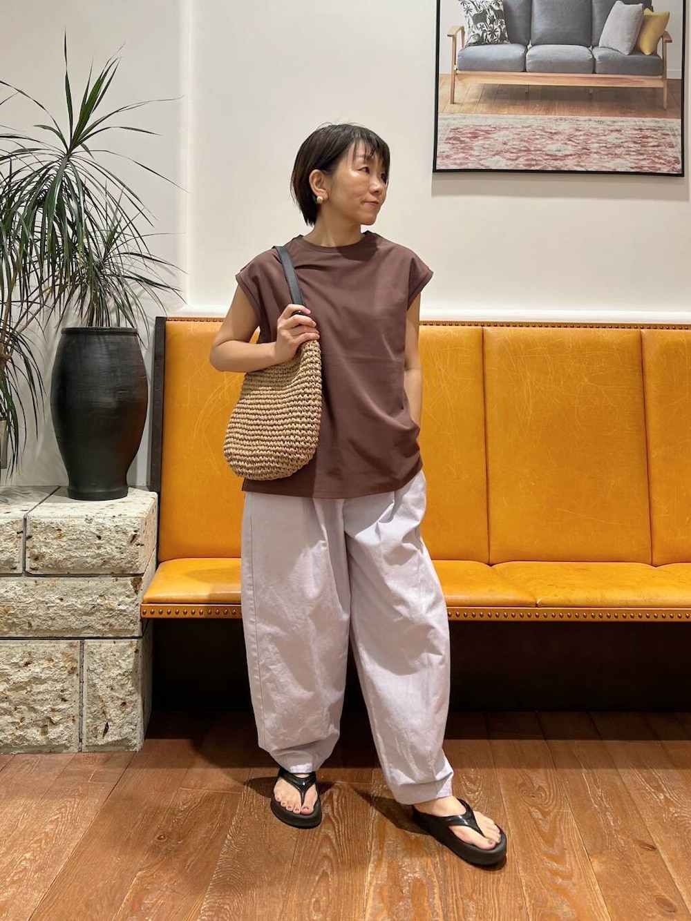 「urbanresearchdoors、かぐれ、アーバンリサーチドアーズ、低身長コーデ、152cm、イエベ秋」｜「RODE SKOのプチワンハンドルペーパートートバッグ（トートバッグ、イエロー系）」を使った、YUKI KAWAIさん（レディース・152cm）の夏コーディネートの1枚目の写真