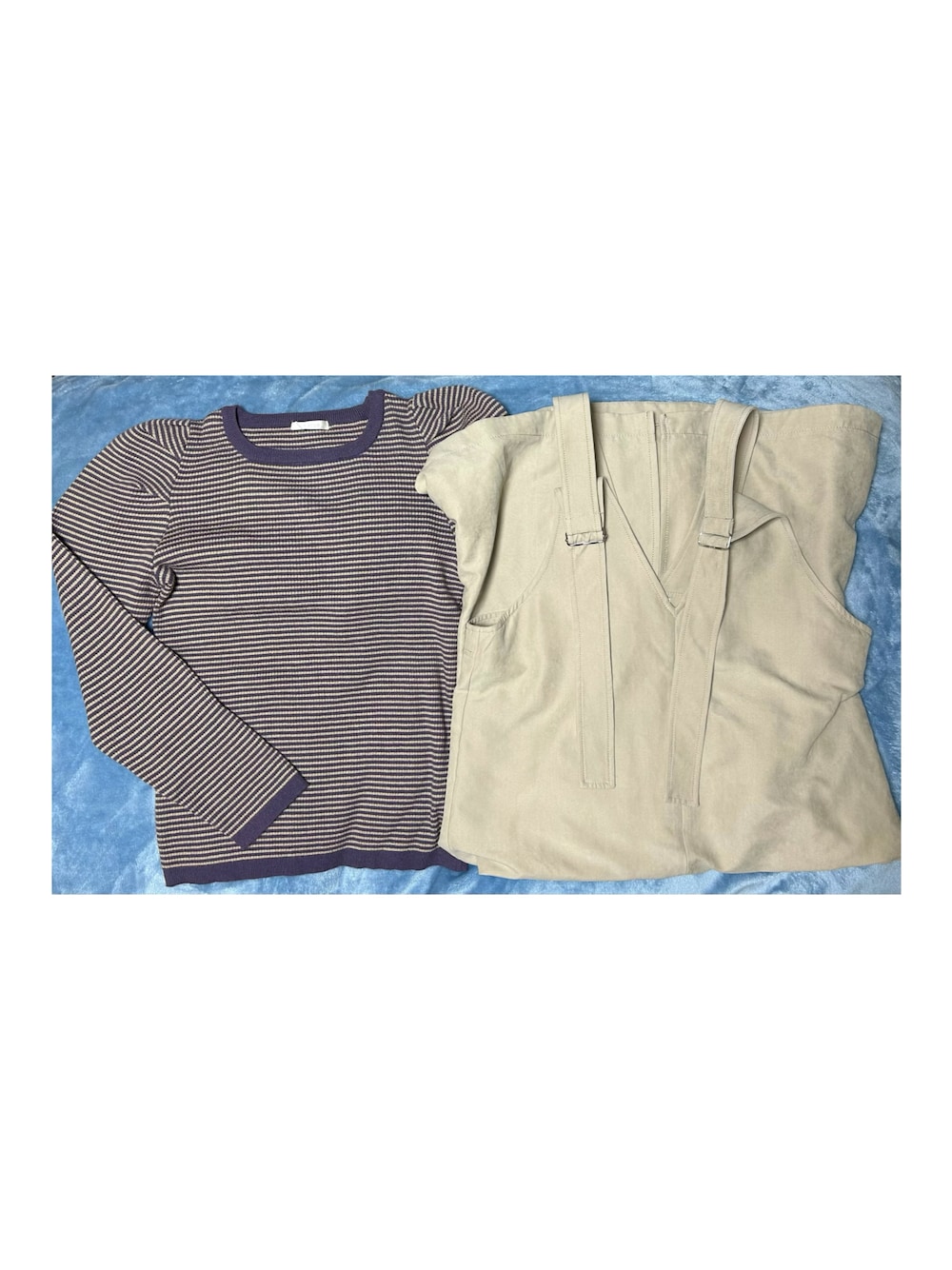 「outfit、ehka sopo、coen、時間差投稿」｜「ehka sopoのボーダーパフスリーブプルオーバー（ニット/セーター、パープル系）」を使った、ねあ／Neaさん（レディース・158cm）の冬コーディネートの1枚目の写真