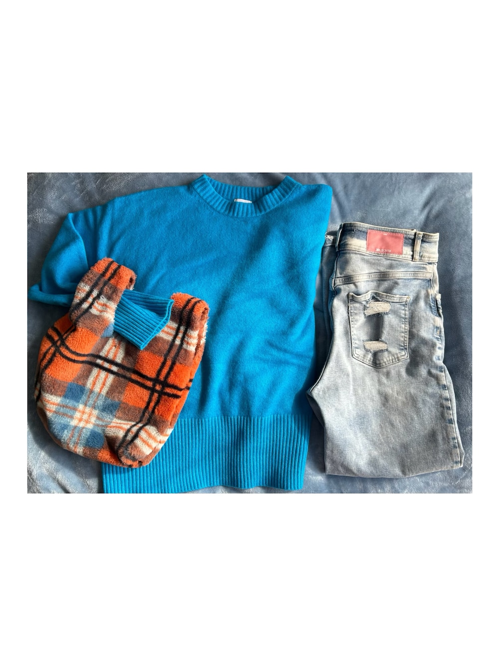 「outfit、coen、ZARA、ThreeFourTime、デニム、メンズライク」｜「Three Four Timeのチェック柄ファートート（トートバッグ、オレンジ系）」を使った、ねあ／Neaさん（レディース・158cm）の冬コーディネートの1枚目の写真