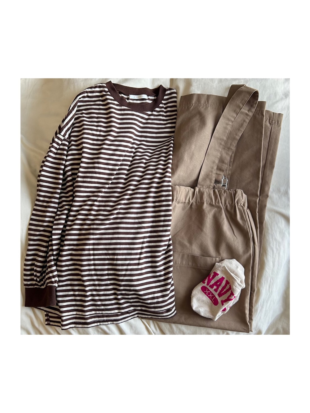 「ootd、outfit、今日のコーデ、ehka sopo」｜「ehka sopoのボーダーロングTシャツ（Tシャツ/カットソー、ブラウン系）」を使った、ねあ／Neaさん（レディース・158cm）の春コーディネートの1枚目の写真
