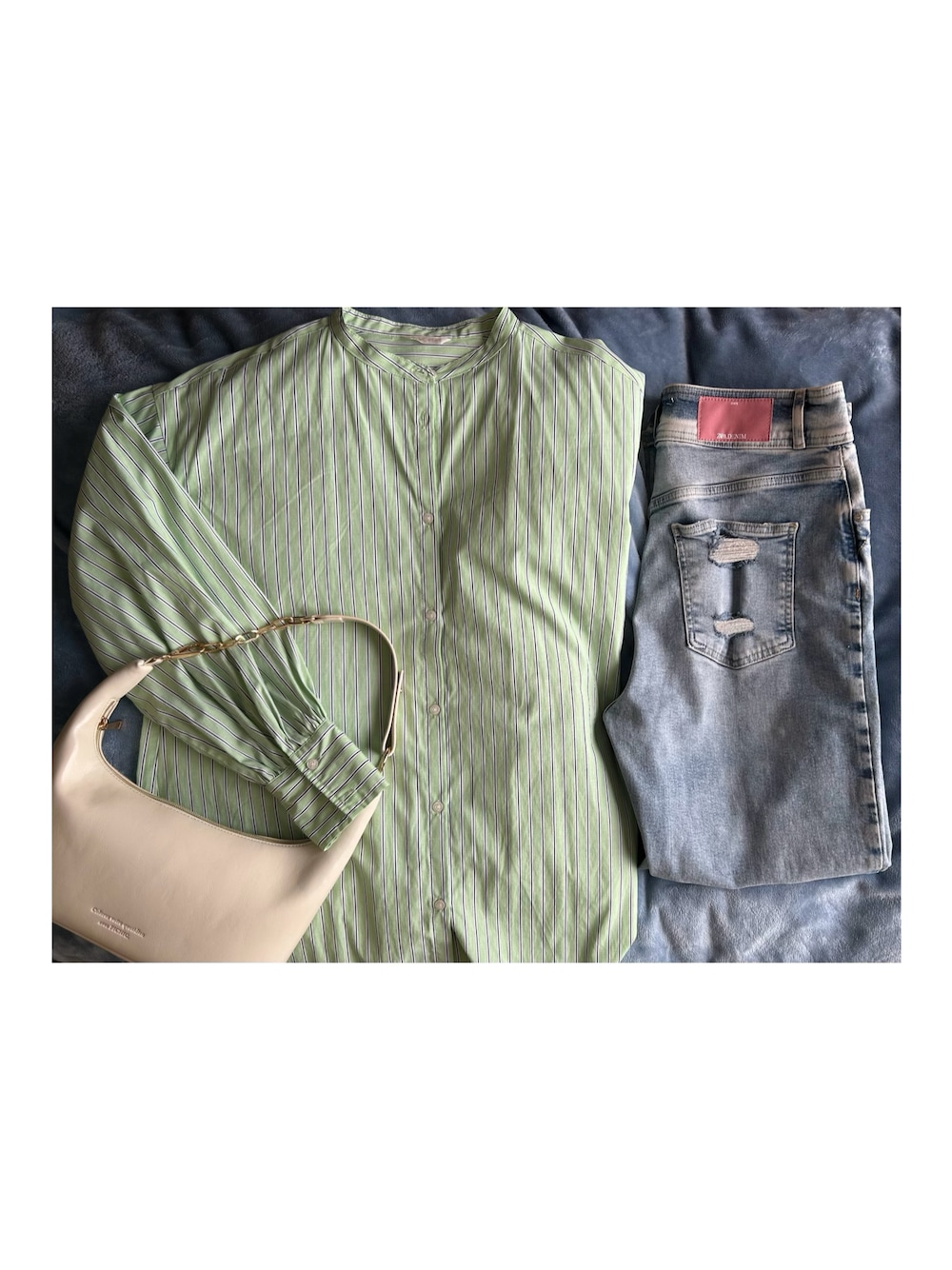 「outfit、ehka sopo、ZARA、ROPEPICNIC、ロペピクニック、カジュアル」｜「ehka sopoのマルチストライプチュニックシャツ（シャツ/ブラウス、グリーン系）」を使った、ねあ／Neaさん（レディース・158cm）の春コーディネートの1枚目の写真