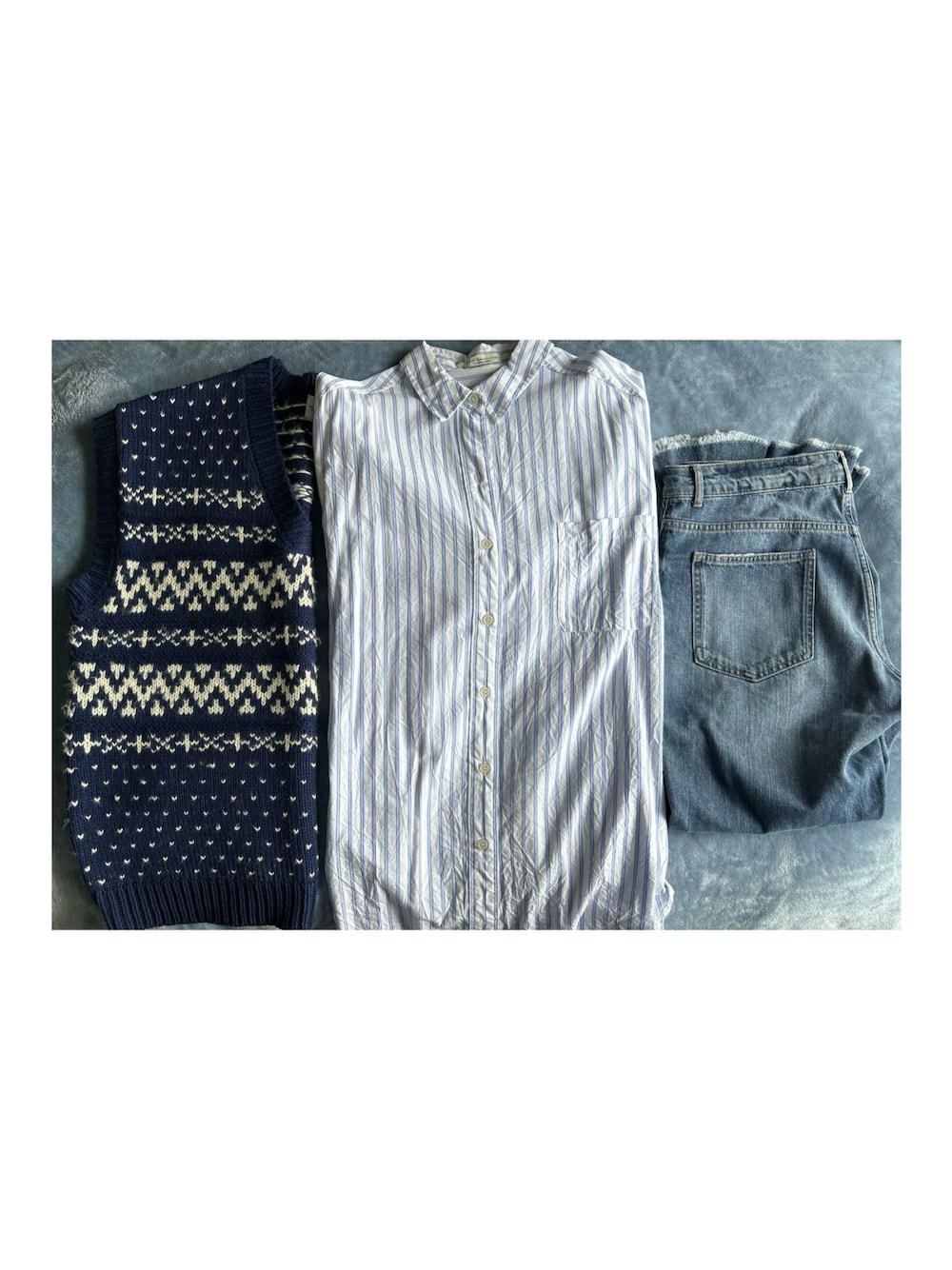 「outfit、coen、earth music&ecology、LOWRYS FARM、ThreeFourTime、時間差投稿」｜「coenの［洗える］チロル柄ニットベスト（ベスト、ブルー系）」を使った、ねあ／Neaさん（レディース・158cm）の冬コーディネートの1枚目の写真