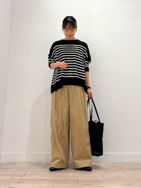 「かぐれ（カグレ）のシアーコットンボーダーボートネック（ニット/セーター、ブラック系）」を使った、amiさん（レディース・160cm）の秋コーディネート
