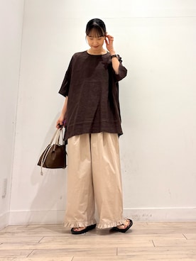 「かぐれ（カグレ）のリネンワイドプルオーバーシャツ（シャツ/ブラウス、ブラウン系）」を使った、amiさん（レディース・160cm）の夏コーディネート